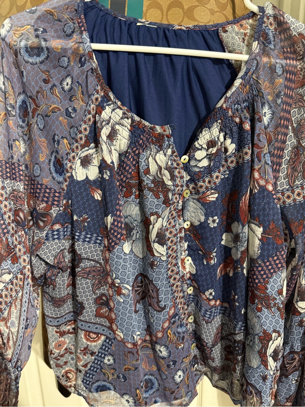 Chapter Navy and Rust Floral Patchwork Button-Front Blouse